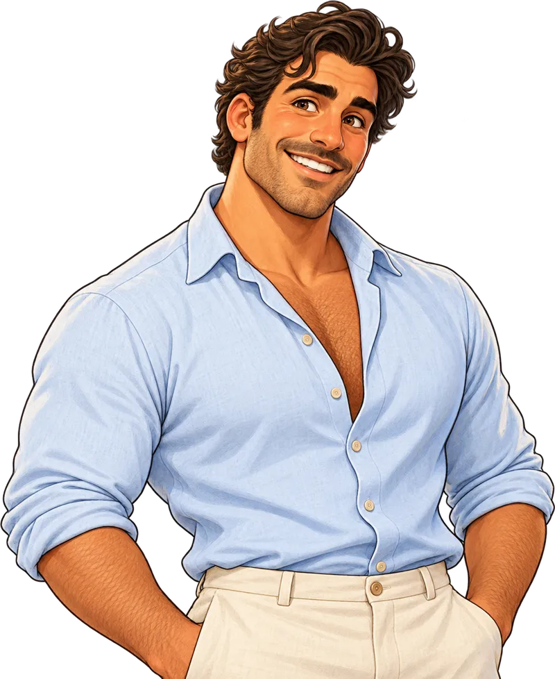 Illustration of Costa, a smiling man with wavy brown hair, light stubble, an open light blue shirt and cream pants.