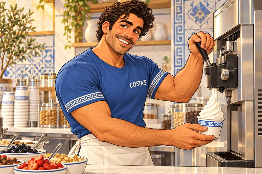 Illustration of Costa, in a blue Costa's shirt, filling a cup with frozen Greek yogurt from a machine.