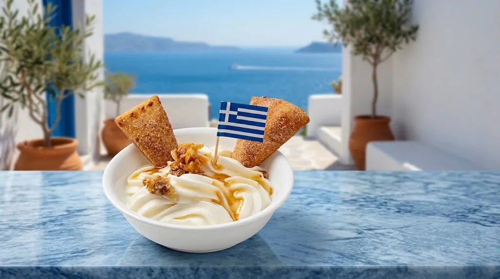 A white bowl of Costa's frozen Greek yogurt swirled high, topped with honey, crushed baklava, two baklava pieces and a small Greek flag.