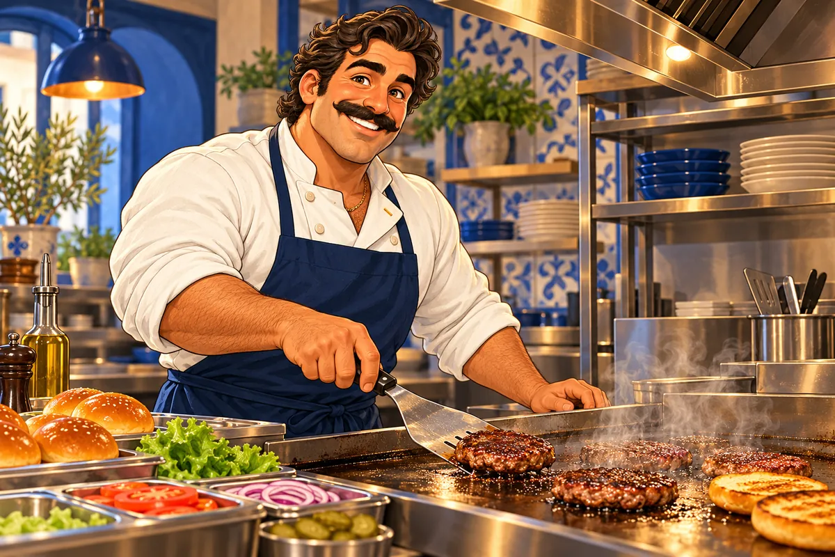 Illustration of Niko cooking beef on a flat-top grill in a kitchen with blue and white tile.