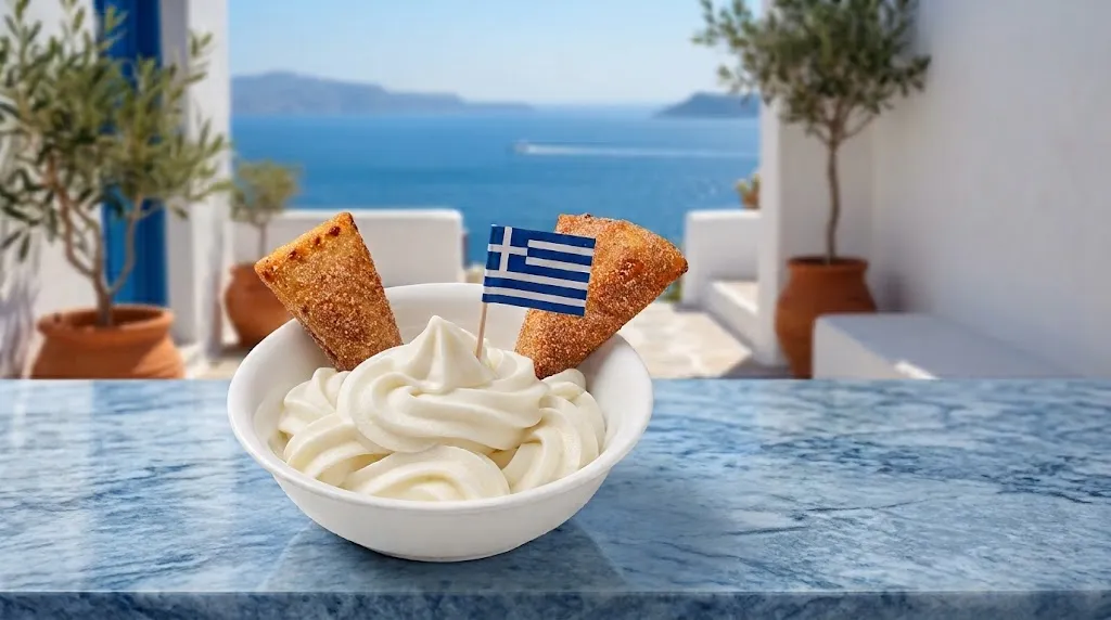 A white bowl of Costa's plain frozen Greek yogurt swirled high, with two baklava pieces and a small Greek flag.