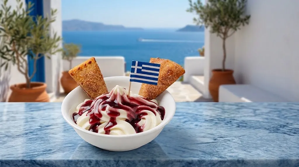 A white bowl of Costa's frozen Greek yogurt topped with dark red sour cherry sauce, with two baklava pieces and a small Greek flag.